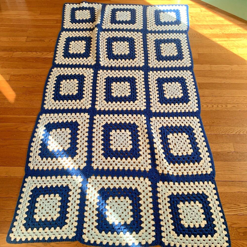 Hand crochet  granny square blanket afghan throw  43x75 light royal blue